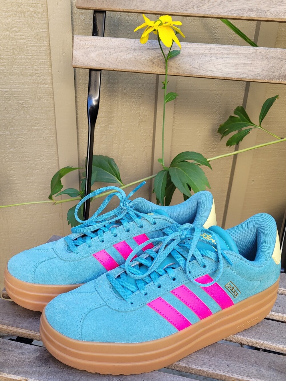 Adidas VL Court Bold Sneaker, Suede, Teal/Shock Pink/Yellow